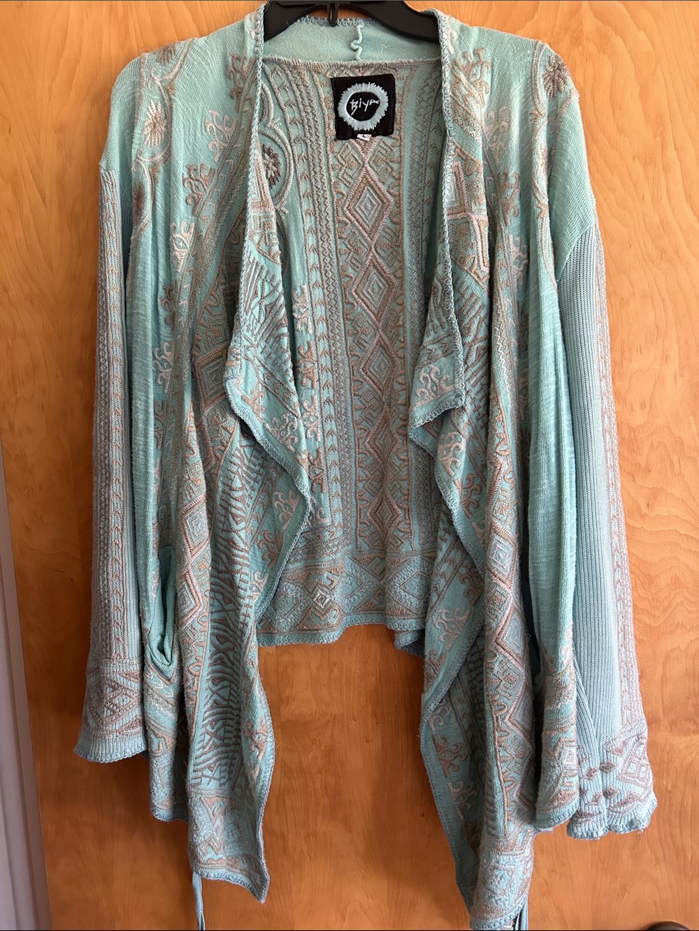 Johnny Was Aqua & Beige Open-Front Draped Knit Cardigan